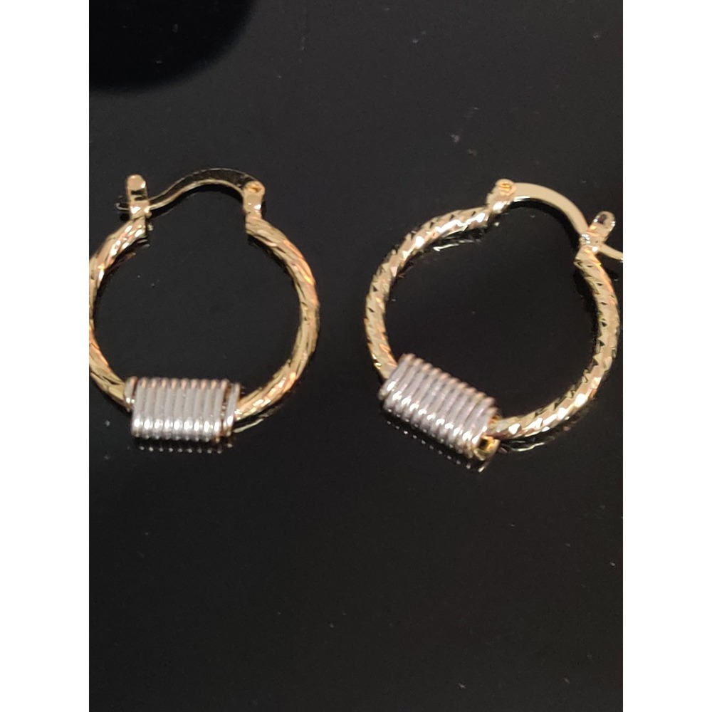 Womens Two Tone Twisted Hoop Earrings Gold Silver Mixed Metal Latch Back Texture - Picture 1 of 2